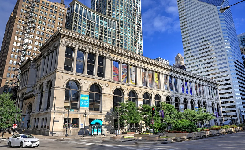 The Chicago Cultural Center is located at the old Public Library of the City of Chicago building.